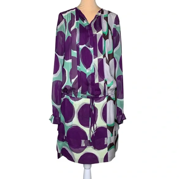 Diane Von Furstenberg Silk Mini Dress Purple Mint Retro Dot Drop Waist Size 8 - Picture 2 of 16